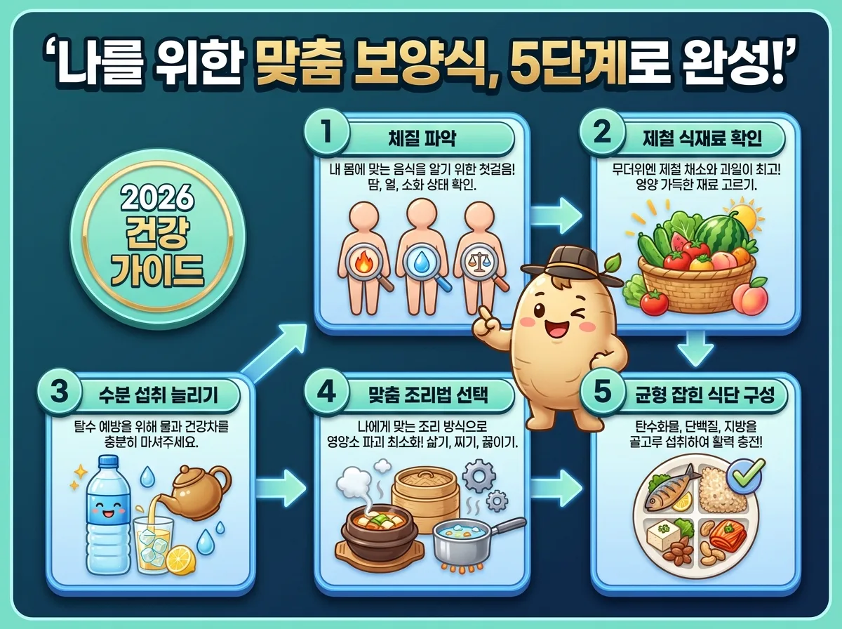 2026년 나에게 꼭 맞는 여름 보양식을 현명하게 선택하고 섭취하는 5단계 과정을 설명하는 다채로운 인포그래픽 포스터입니다. 각 단계별 중요한 정보와 아이콘, 흐름 화살표가 가득합니다.