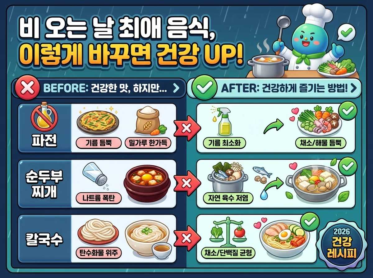2026년 장마철 인기 음식인 파전, 순두부찌개, 칼국수의 건강한 조리법 변화를 시각적으로 비교하는 꽉 찬 인포그래픽 포스터. '기름 최소화', '채소/해물 듬뿍' 등 구체적인 변화 팁과 아이콘, 그리고 친근한 캐릭터가 건강한 식단으로의 전환을 안내합니다.