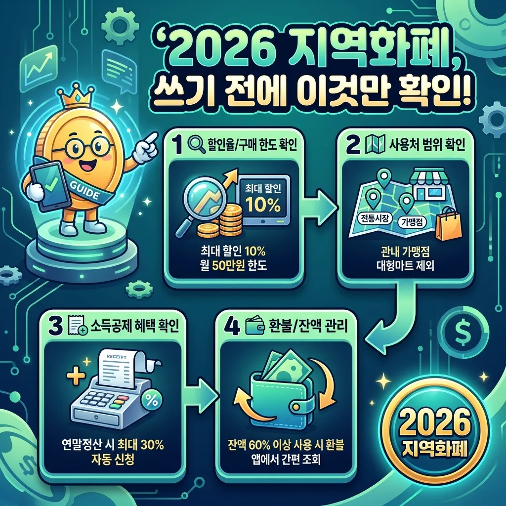 2026년 지역화폐 사용 전 필수 체크리스트를 인포그래픽으로 보여주는 이미지. 할인율, 사용처, 소득공제, 환불 관리를 단계별로 설명하며 '2026' 배지가 있습니다.