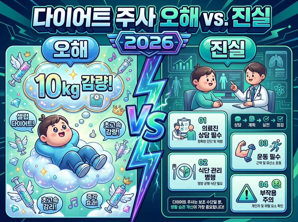 다이어트 주사의 잘못된 오해와 실제 진실을 극명하게 대비시켜 보여주는 인포그래픽 포스터. 연예인처럼 쉽고 빠른 감량을 기대하는 오해와 의료진 상담, 식단, 운동 병행의 중요성을 강조하는 진실이 한글 문구와 아이콘으로 표현되어 있다.