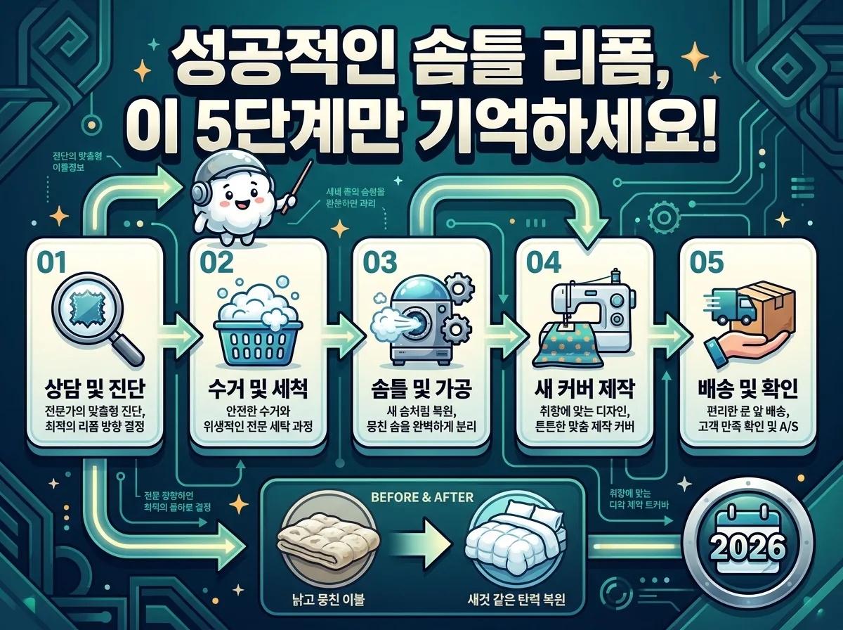 성공적인 목화솜 이불 솜틀 리폼을 위한 다섯 가지 핵심 단계를 순서대로 안내하는 상세한 인포그래픽. 상담, 수거, 솜틀, 커버 제작, 배송까지 각 단계를 직관적인 아이콘과 함께 명확히 설명하여 리폼 과정을 쉽게 이해할 수 있도록 돕는 포스터 이미지.