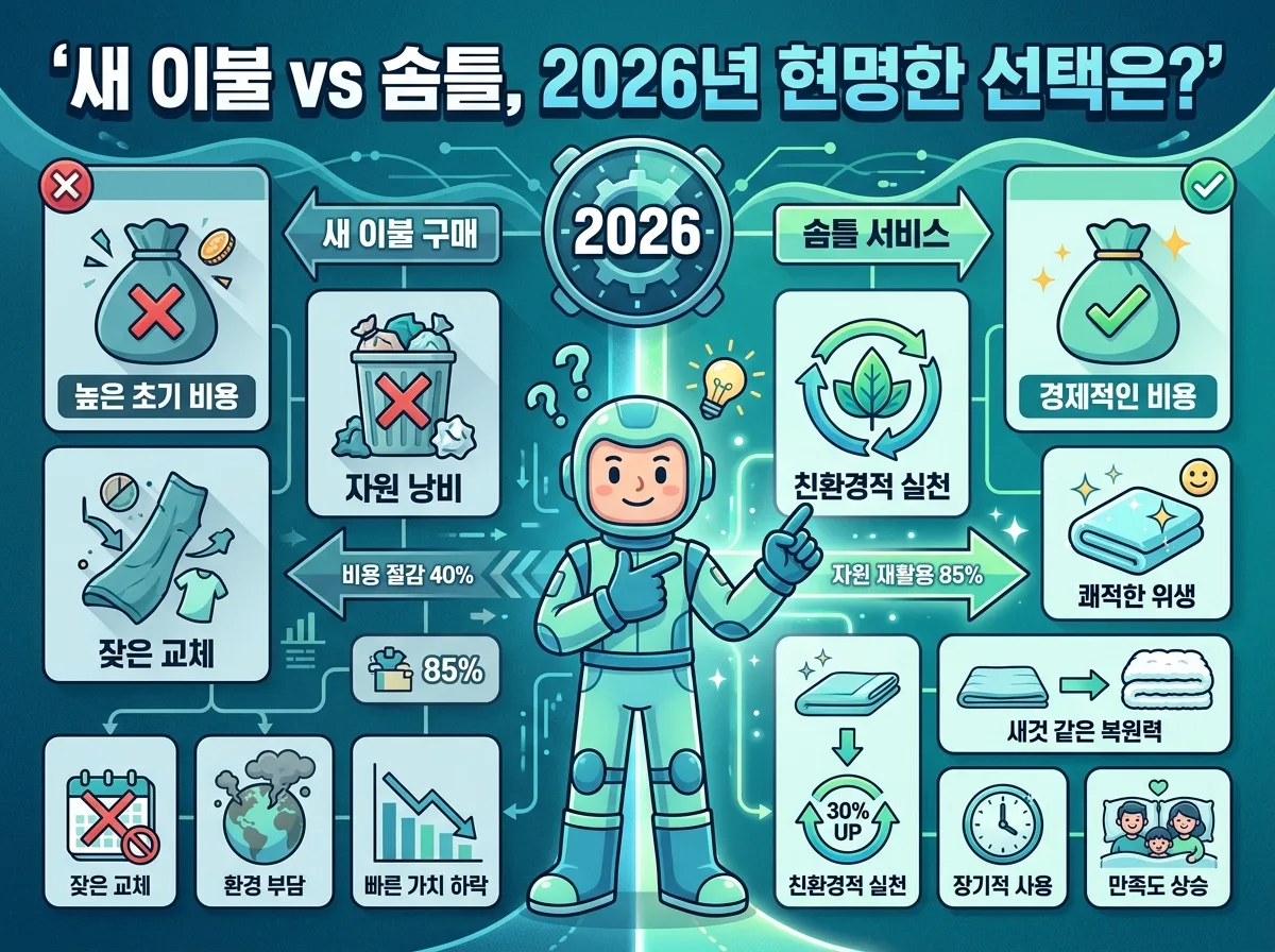 2026년 새 이불 구매와 솜틀 서비스를 비교하여 현명한 선택을 제시하는 인포그래픽. 솜틀 서비스의 경제성, 친환경성, 위생, 복원력을 강조하며 비용과 효과를 시각적으로 보여준다.