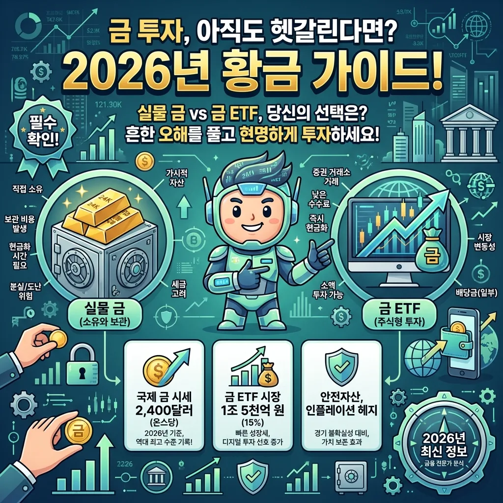 2026년 금 투자를 위한 실물 금과 금 ETF 비교 가이드 인포그래픽 포스터. "금 투자, 아직도 헷갈린다면? 2026년 황금 가이드!"라는 큰 한글 제목 아래, 실물 금괴와 금 ETF 차트 아이콘이 대비되고, 국제 금 시세 2,400달러, 금 ETF 시장 1조 5천억 원 등 핵심 정보 카드와 친근한 캐릭터가 함께 구성되어 있다.