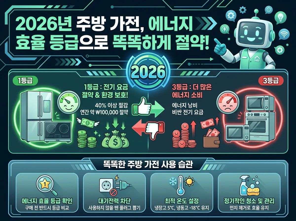 2026년 주방 가전의 에너지 효율 등급에 따른 전기세 절약 효과를 시각적으로 비교하는 인포그래픽 포스터. 1등급 가전과 3등급 가전의 전기 요금 차이를 명확하게 보여준다. 또한, '똑똑한 주방 가전 사용 습관'이라는 제목 아래 에너지 효율 등급 확인, 대기전력 차단 등 구체적인 절약 습관 팁들이 아이콘과 함께 제시되어 있다. 친근한 3D 캐릭터와 '2026' 배지가 특징이다.