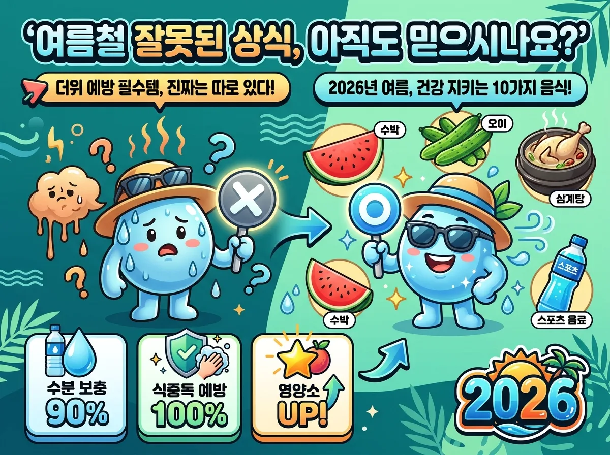 2026년 여름철 식중독 예방을 위한 음식물 관리 4단계 타임라인을 보여주는 인포그래픽 포스터. 신선한 재료 구매부터 안전한 보관, 위생적인 조리, 신속한 섭취 및 잔반 처리까지 각 단계별 중요 정보와 아이콘이 상세히 설명되어 있습니다.