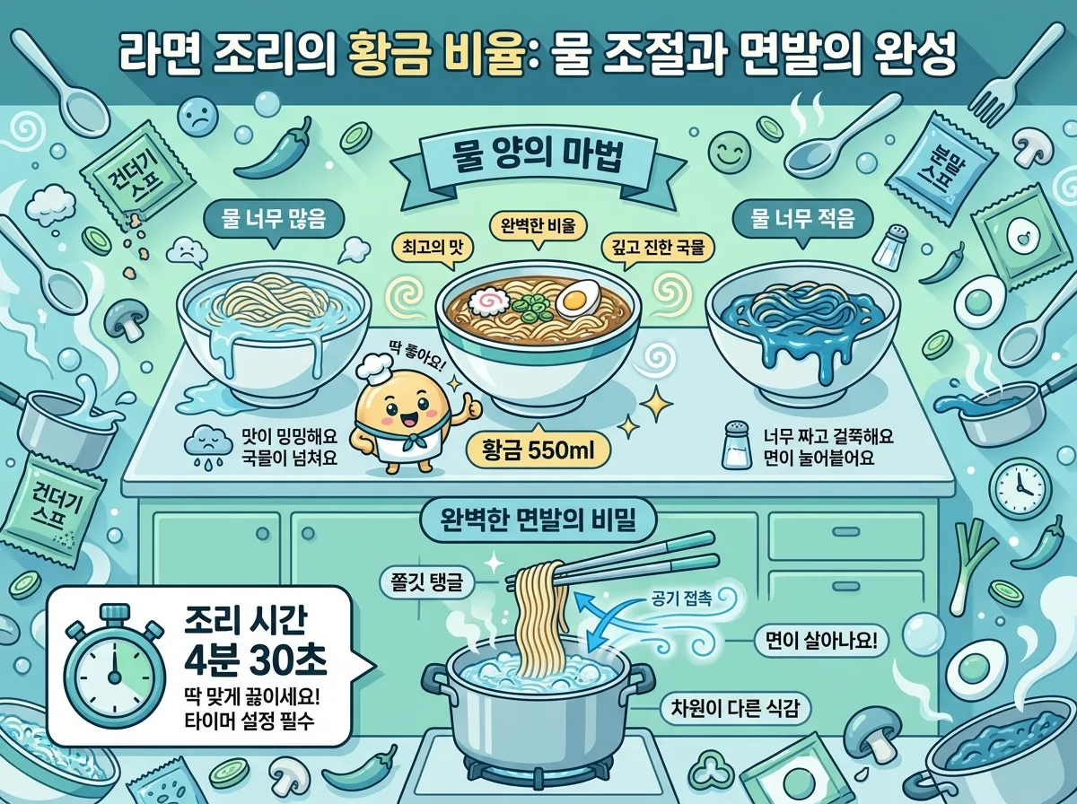 라면 물 양의 중요성을 비교하는 인포그래픽. 물이 너무 많거나 적을 때와 '황금 550ml'의 차이를 보여주고, 젓가락으로 면을 들어 공기 접촉시키는 '쫄깃 탱글 면발 비법'과 '조리 시간 4분 30초'를 강조하는 시계 아이콘이 포함된 포스터입니다.
