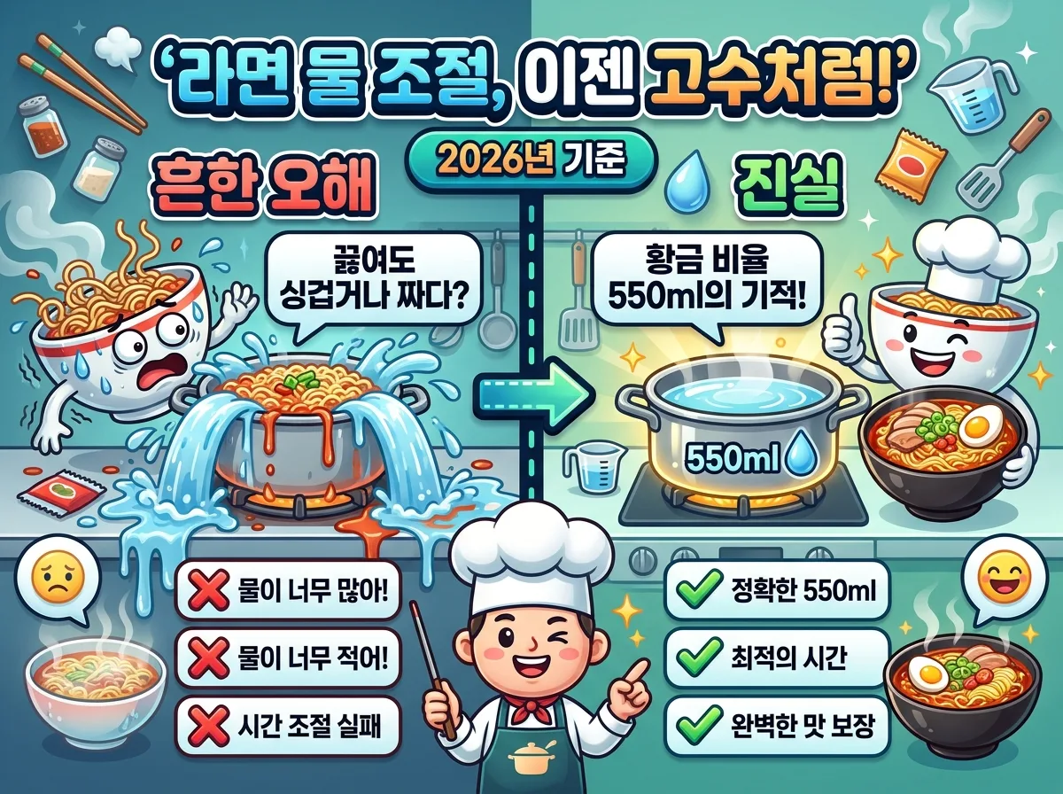 라면 물 조절의 흔한 오해와 진실을 비교하는 강렬한 인포그래픽 포스터. '라면 물 조절, 이젠 고수처럼!'이라는 제목 아래, 너무 많거나 적은 물로 인해 맛이 없는 라면과, 550ml 황금 비율로 완벽하게 끓여진 라면을 친근한 라면 그릇 캐릭터가 비교하며 보여준다. 2026년 기준 배지가 포함되어 있다.