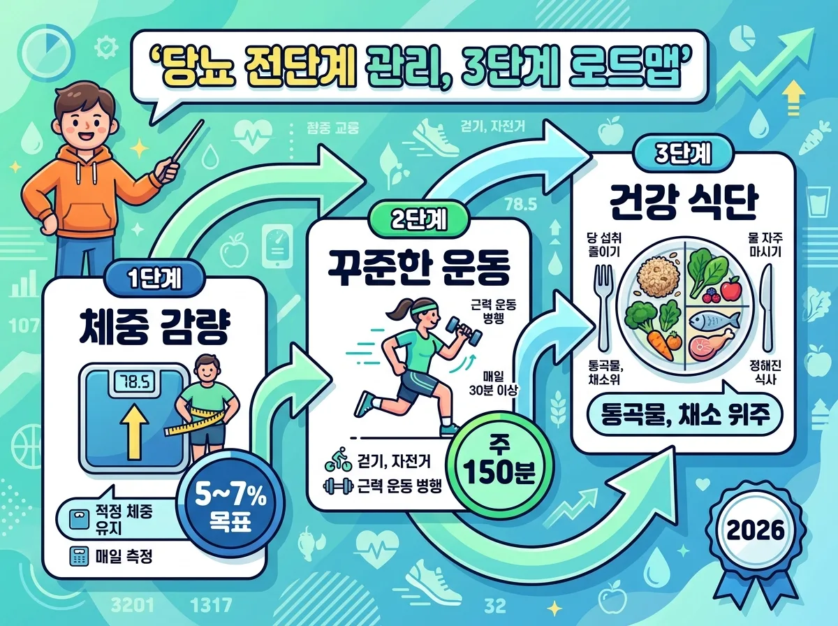 당뇨 전단계 관리를 위한 3단계 실천 로드맵을 시각화한 인포그래픽 포스터. '당뇨 전단계 관리, 3단계 로드맵'이라는 한글 헤더 아래, '체중 감량 (5~7% 목표)', '꾸준한 운동 (주 150분)', '건강 식단 (통곡물, 채소 위주)'의 세 단계가 번호, 아이콘, 핵심 수치와 함께 흐름 화살표로 연결되어 있다. 친근한 캐릭터가 각 단계를 안내하며, 2026년 강조 배지가 포함되어 있다.