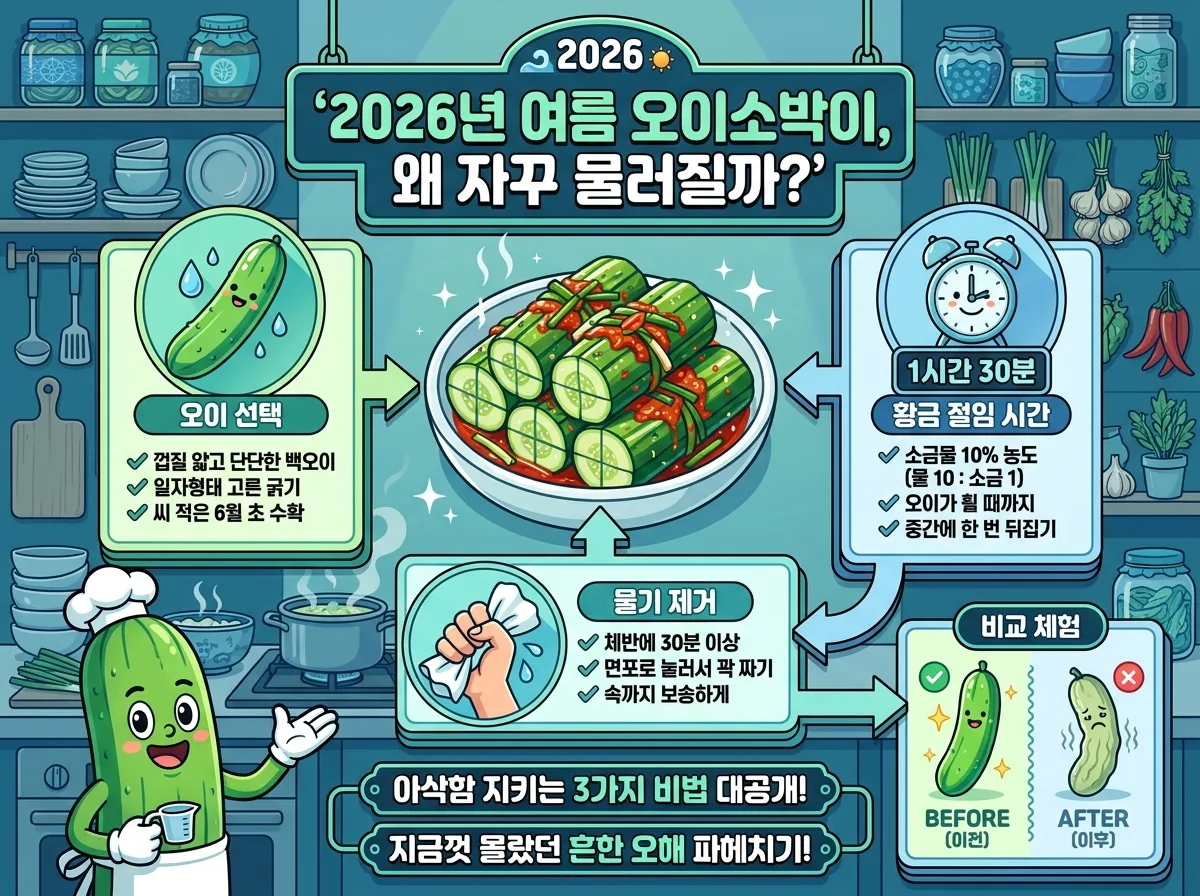 오이소박이의 아삭함을 결정하는 오이 절임 3단계 핵심 비법과 흔한 오해를 시각화한 인포그래픽. 오이 선택, 소금물 절임 비율과 시간(1시간 30분), 그리고 절인 오이의 물기 제거 중요성을 각 단계별 아이콘과 한글 설명으로 상세히 보여줍니다. 너무 오래 절여 물러지는 흔한 오해를 경고하며, 2026년 최신 정보로 가득합니다.