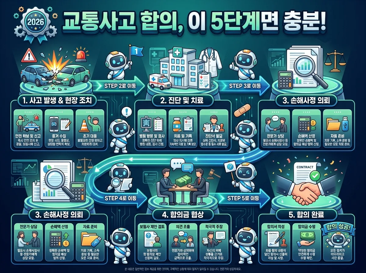 2026년 교통사고 발생부터 합의까지의 5단계 일반적인 절차를 알기 쉽게 설명하는 인포그래픽 포스터.