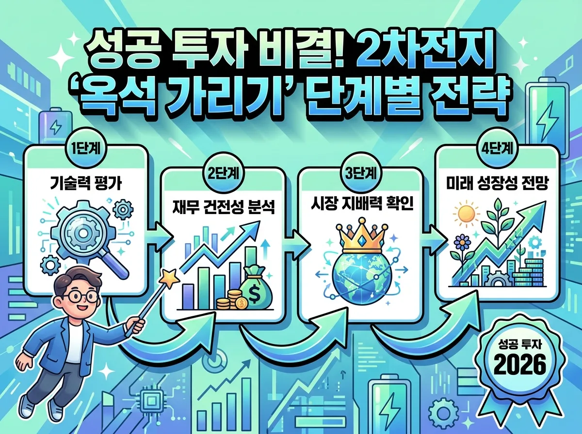 2026년 2차전지 주식 투자에서 성공적인 '옥석 가리기'를 위한 기술력, 재무 건전성, 시장 지배력, 미래 성장성을 평가하는 단계별 전략을 보여주는 인포그래픽 포스터.