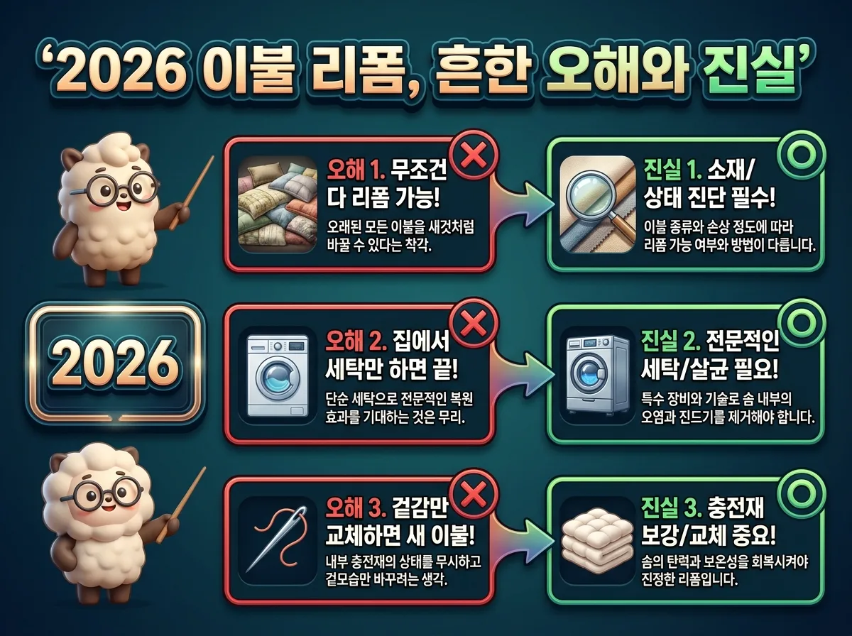 2026년 이불 리폼에 대한 흔한 오해 3가지와 올바른 진실을 비교하여 보여주는 인포그래픽 이미지