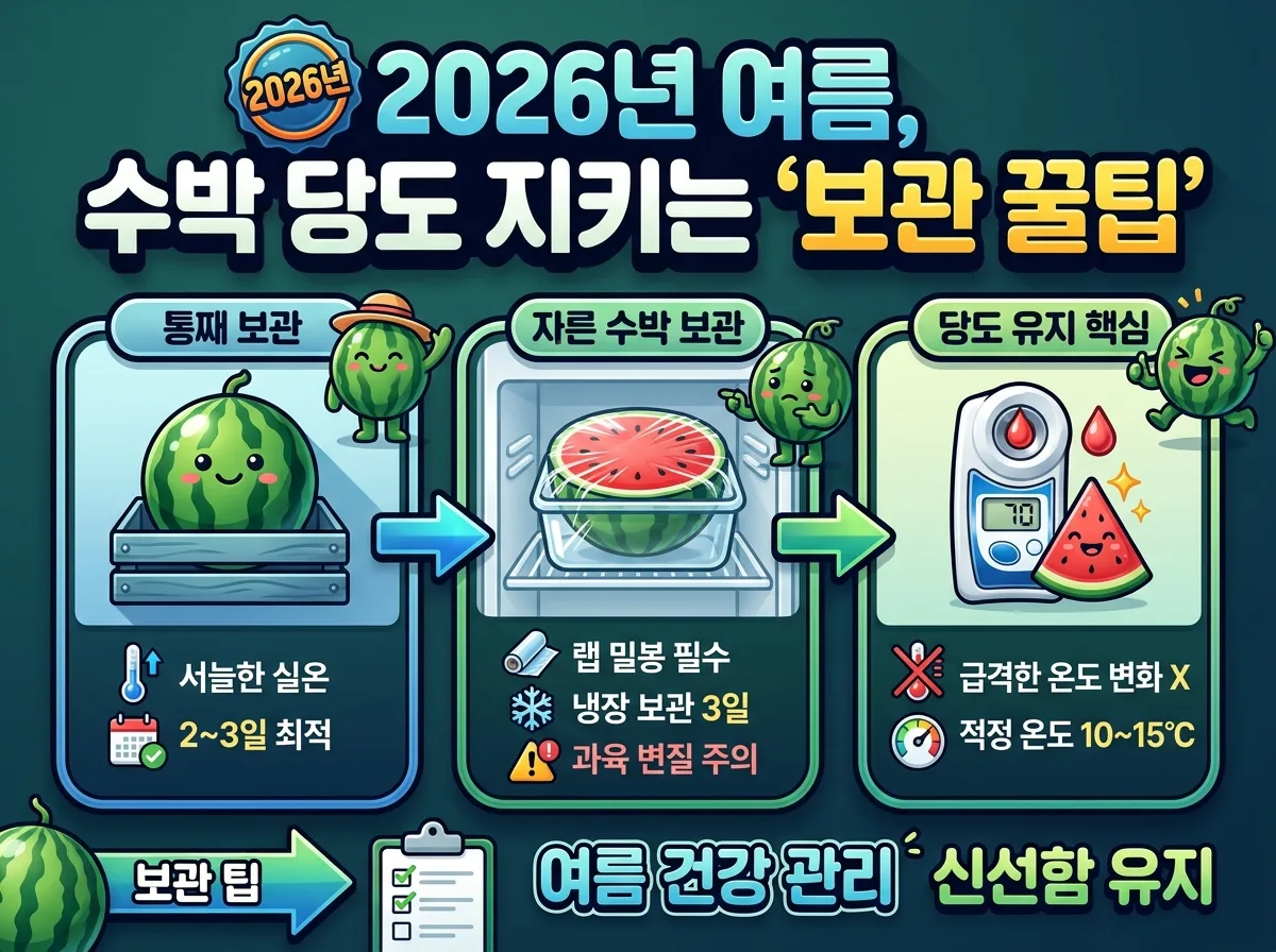 2026년 여름, 수박의 당도를 오래 유지하며 보관하는 꿀팁을 통째 보관, 자른 수박 보관, 당도 유지 핵심 온도로 나누어 시각화한 정보 포스터입니다.