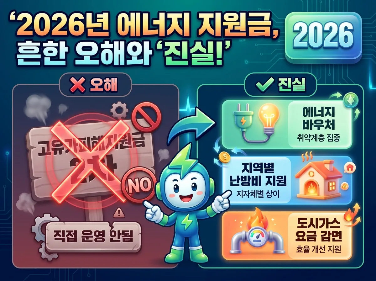 2026년 지역별 에너지 지원 정책을 서울시와 경기도로 나누어 한눈에 비교하고, 에너지 지원금 신청 절차를 3단계로 명확히 안내하는 정보가 가득한 인포그래픽 포스터. 각 지역의 주요 지원 유형과 대상을 보여주고, 정보 확인, 서류 준비, 신청이라는 간결한 3단계 과정을 친근한 캐릭터가 설명하는 이미지.