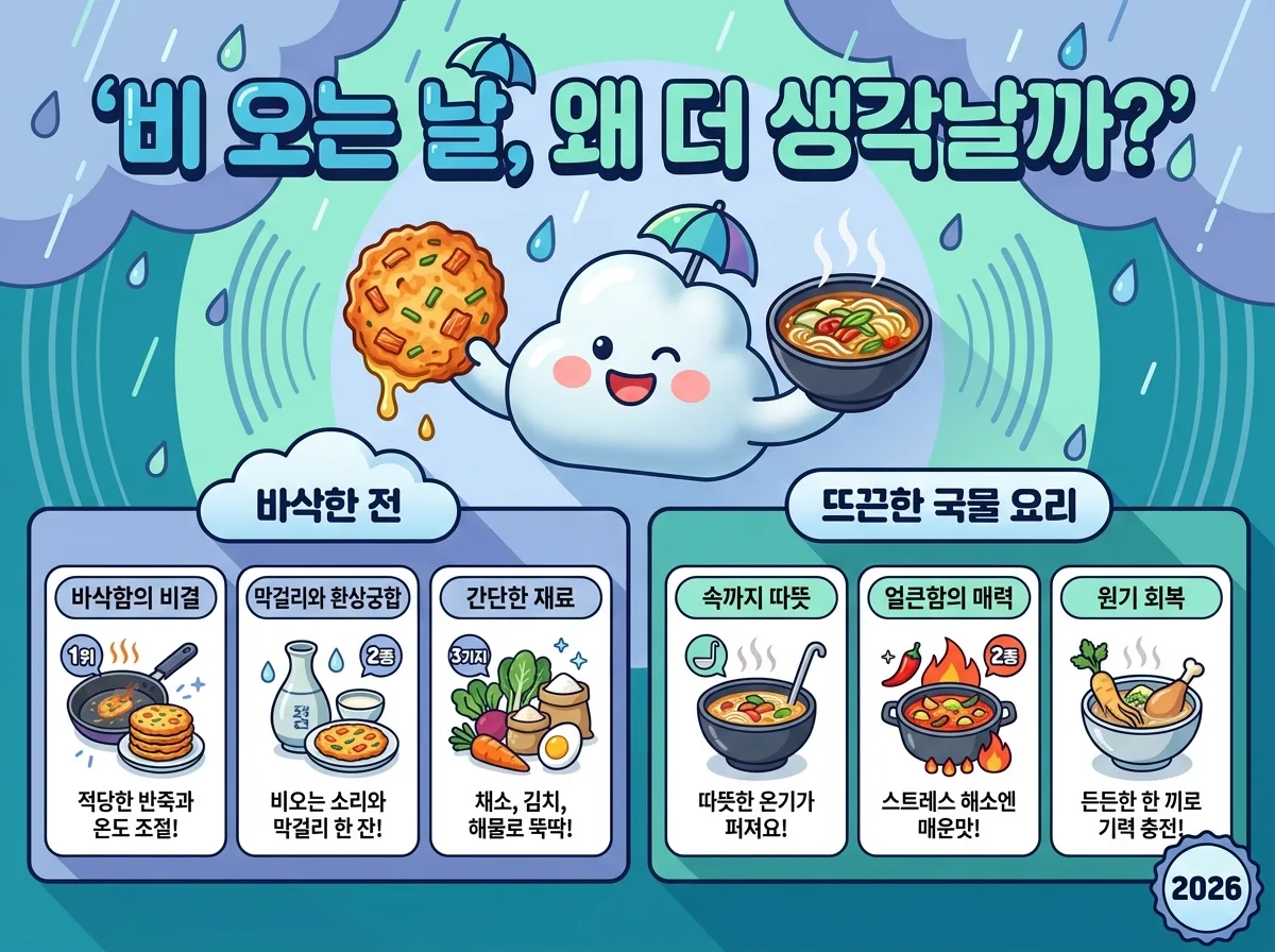 집에서 만들 수 있는 칼국수/수제비와 떡볶이, 튀김의 황금 조합을 소개하는 인포그래픽. 각 요리의 핵심 팁과 레시피를 아이콘과 흐름으로 시각화하여 보여줍니다.