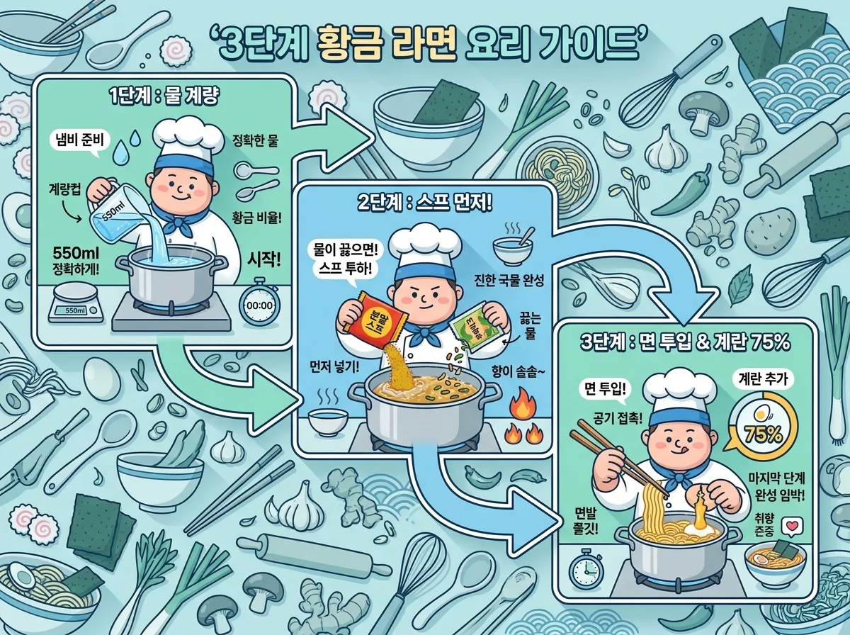 라면 황금 조리법 3단계를 시각화한 인포그래픽 포스터. 1단계 물 계량, 2단계 스프 먼저 투입, 3단계 면 투입 및 공기 접촉, 그리고 계란 75% 추가 효과를 친근한 셰프 캐릭터와 함께 단계별로 설명하며, 각 단계마다 핵심 팁이 강조되어 있습니다.