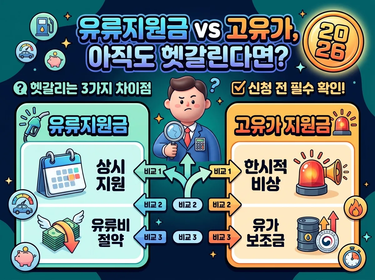 2026년 유류지원금과 고유가 지원금의 근본적인 차이점인 대상, 목적, 기간을 명확하게 비교 설명하는 인포그래픽입니다.