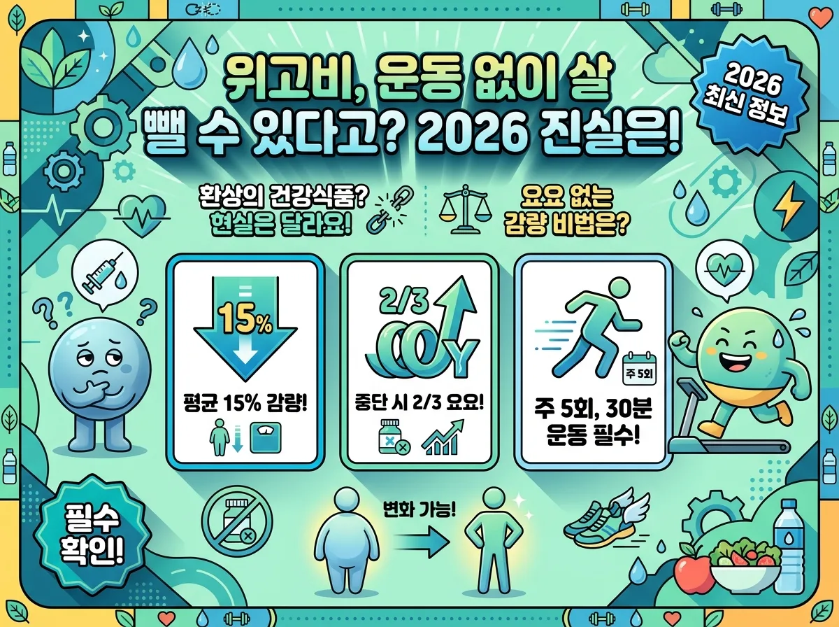 위고비 다이어트 시작 전 꼭 알아야 할 3단계를 시각화한 인포그래픽 포스터. '위고비, 이것만 알고 시작하세요! 3단계 필수 체크!'라는 큰 한글 제목 아래, 전문의 상담, 식단/운동 병행 계획, 부작용 및 주의사항 숙지를 나타내는 세 개의 정보 카드와 아이콘, 그리고 단계를 연결하는 화살표가 명확하게 표현되어 있습니다. 2026년 최신 정보가 강조되어 있습니다.