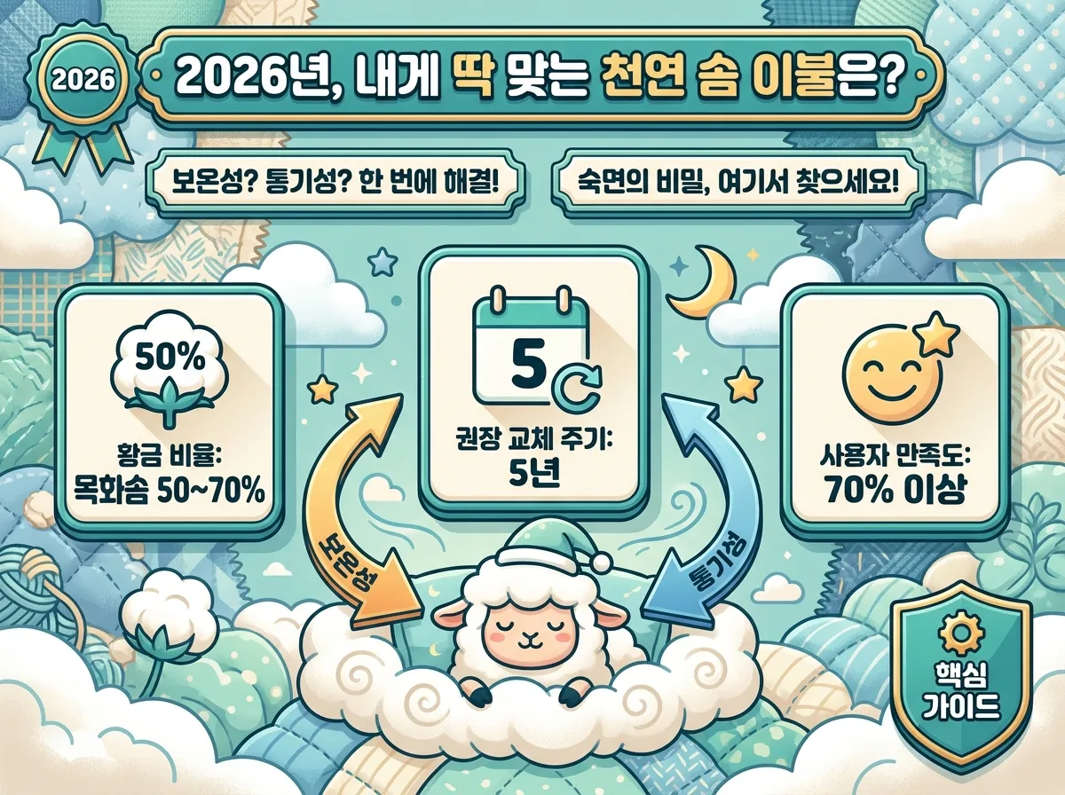 천연 솜 이불의 보온성과 통기성을 비교하는 인포그래픽 포스터. 따뜻한 색감의 '보온성' 섹션에서는 겨울철 체온 유지에 탁월함을, 시원한 색감의 '통기성' 섹션에서는 습기 배출과 쾌적한 숙면을 강조하며 두 가지 핵심 속성을 명확히 비교 시각화합니다.
