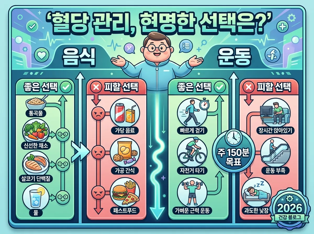 당뇨 전단계 혈당 관리를 위한 음식과 운동의 현명한 선택을 비교하는 인포그래픽 포스터. '혈당 관리, 현명한 선택은?'이라는 한글 헤더 아래, 통곡물, 채소, 물 등 '좋은 선택' 음식과 가공식품, 단 음료 등 '피할 선택' 음식이 아이콘으로 대비되어 있다. 유산소 운동, 근력 운동 등 '좋은 선택' 운동법과 '주 150분 목표' 수치가 시각화되어 있으며, 친근한 캐릭터가 안내한다.