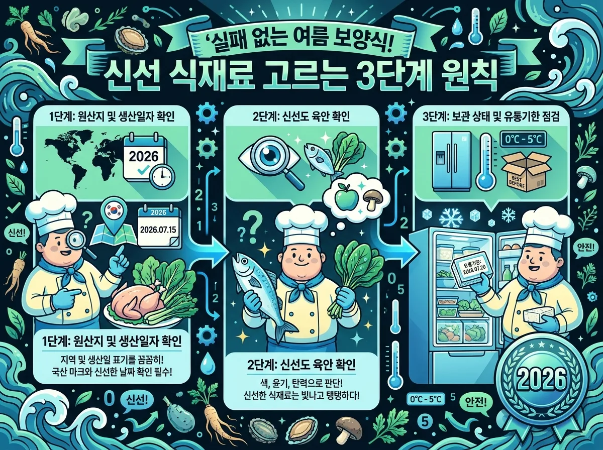 2026년 여름, 값비싼 재료 대신 제철 식재료로 가족 보양식을 준비하는 현명한 방법을 비교하는 정보성 이미지. 다양한 제철 육류, 해산물, 채소의 영양학적 이점을 시각적으로 강조.
