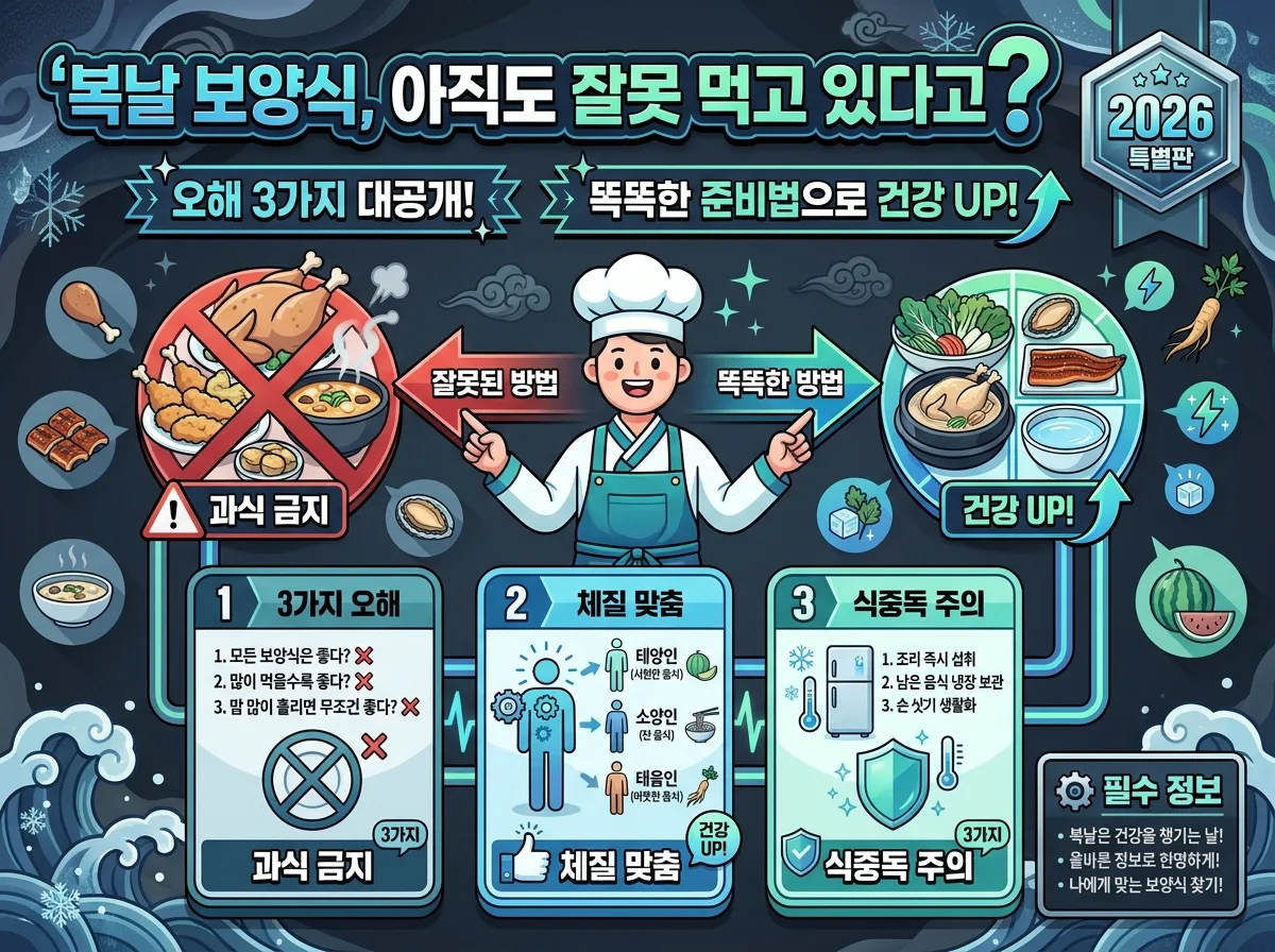 2026년 복날 보양식에 대한 흔한 오해 3가지(비싼 것, 과식, 뜨거운 것 고집)를 바로잡고 올바른 건강 상식을 알려주는 정보성 이미지.