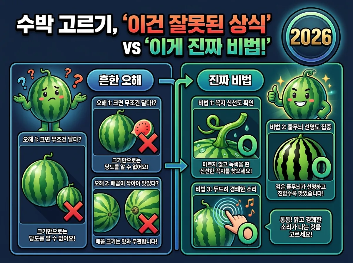 2026년 수박을 고를 때 흔히 하는 오해와 실제 당도 높은 수박을 고르는 3가지 진짜 비법을 비교하여 보여주는 정보성 포스터입니다.