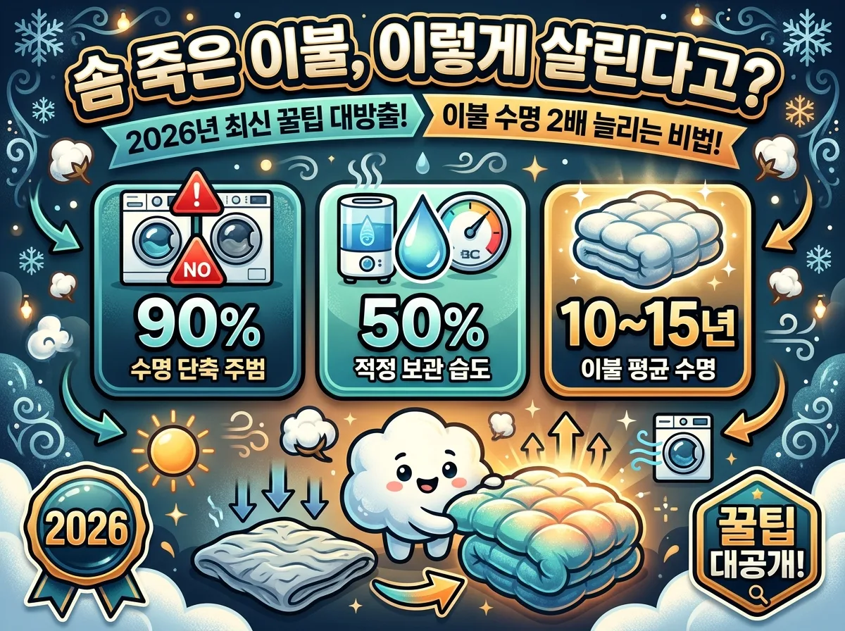 2026년 겨울 이불 소재별(구스, 목화솜, 극세사) 핵심 관리법을 한눈에 비교하는 인포그래픽. 각 소재의 특징에 맞는 세탁, 건조, 보관, 복원 꿀팁을 아이콘과 함께 정리하여 이불 관리의 중요성을 강조한다.