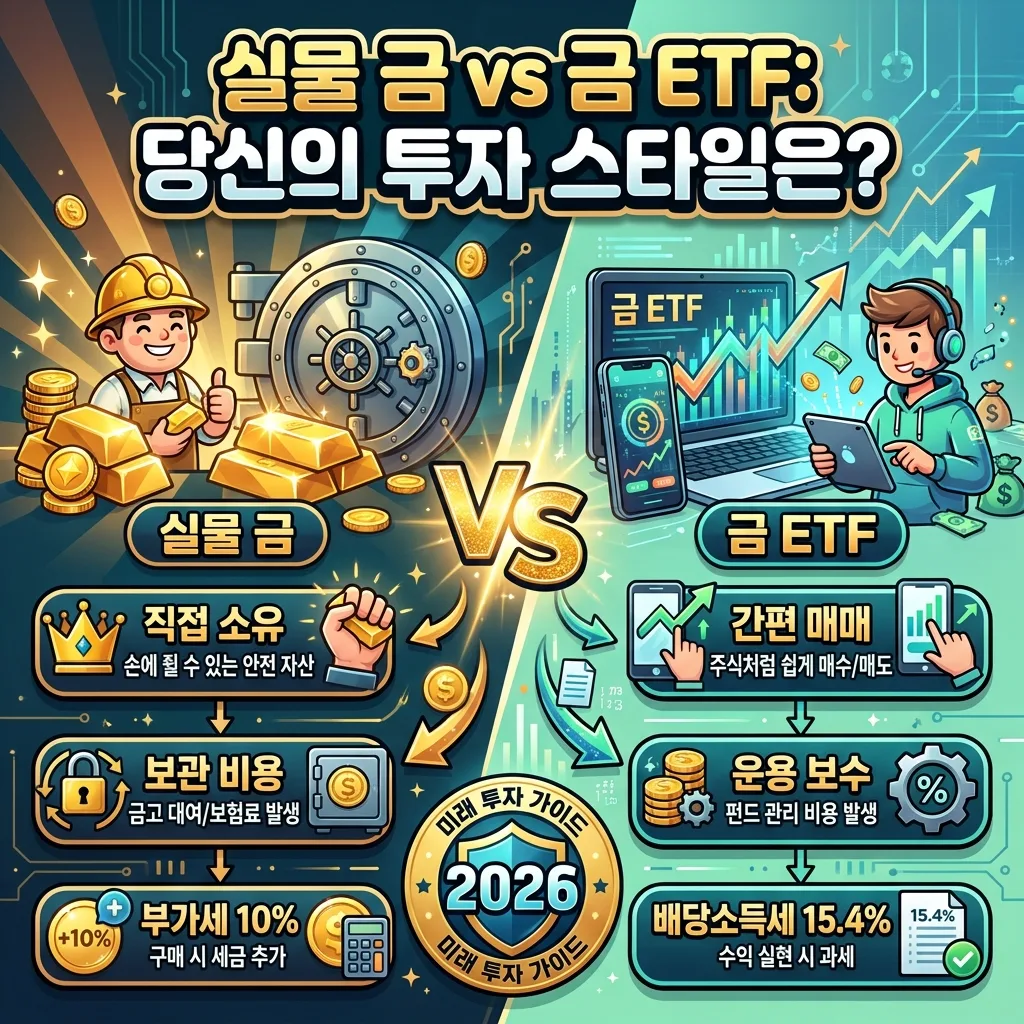 실물 금과 금 ETF의 차이를 명확히 비교한 인포그래픽. 소유, 세금, 수수료 등 핵심 특징을 정보 카드로 시각화하여 현명한 투자 선택을 돕습니다.