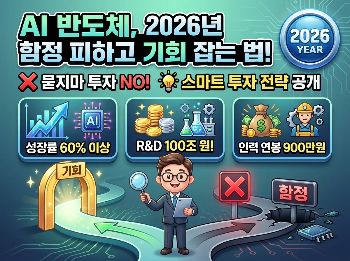 2026년 AI 반도체 투자의 함정을 피하고 기회를 잡는 스마트 전략을 강조하는 인포그래픽 포스터. 60% 이상 성장률, 100조 원 R&D, 900만 원 연봉 상승 데이터와 함께 투자자가 현명한 선택을 하도록 돕는 친근한 캐릭터가 그려져 있습니다.