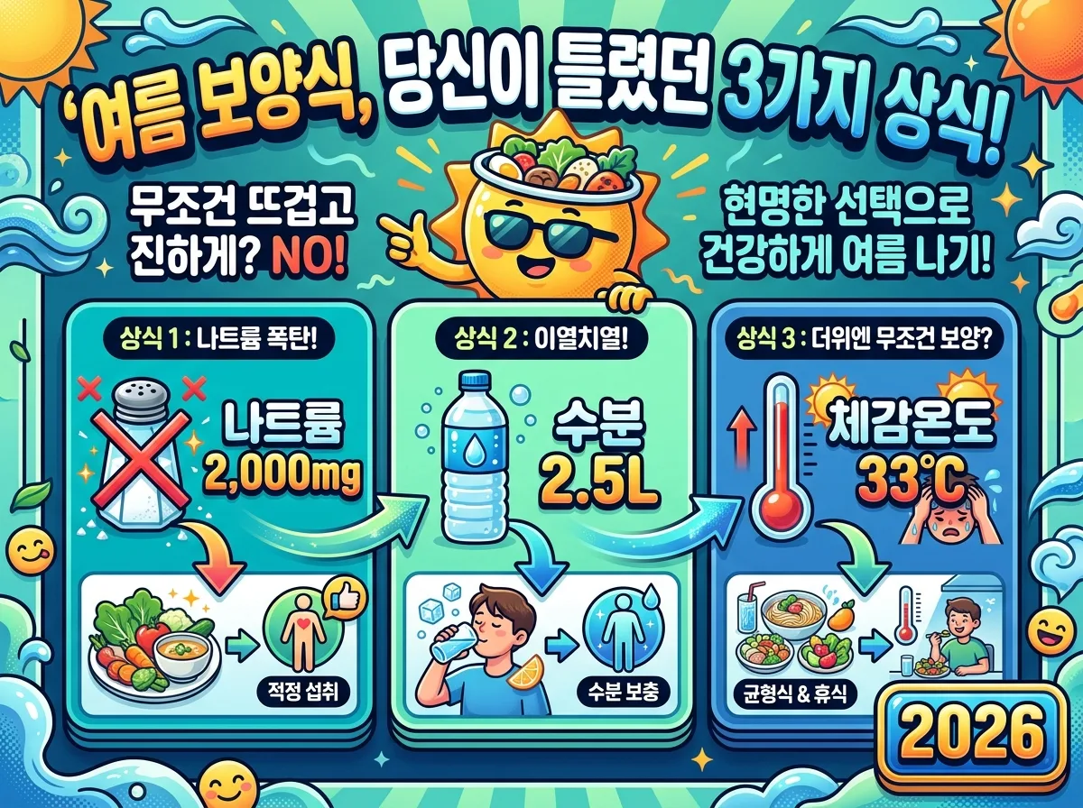 2026년 여름철 보양식에 대한 3가지 잘못된 상식을 바로잡고 현명하게 선택하는 방법을 시각적으로 비교한 인포그래픽 포스터. 무조건 뜨거운 음식보다 체질에 맞는 제철 음식, 수분 섭취의 중요성, 특정 음식 고집 대신 균형 잡힌 식단의 이점을 대비하여 보여줍니다.
