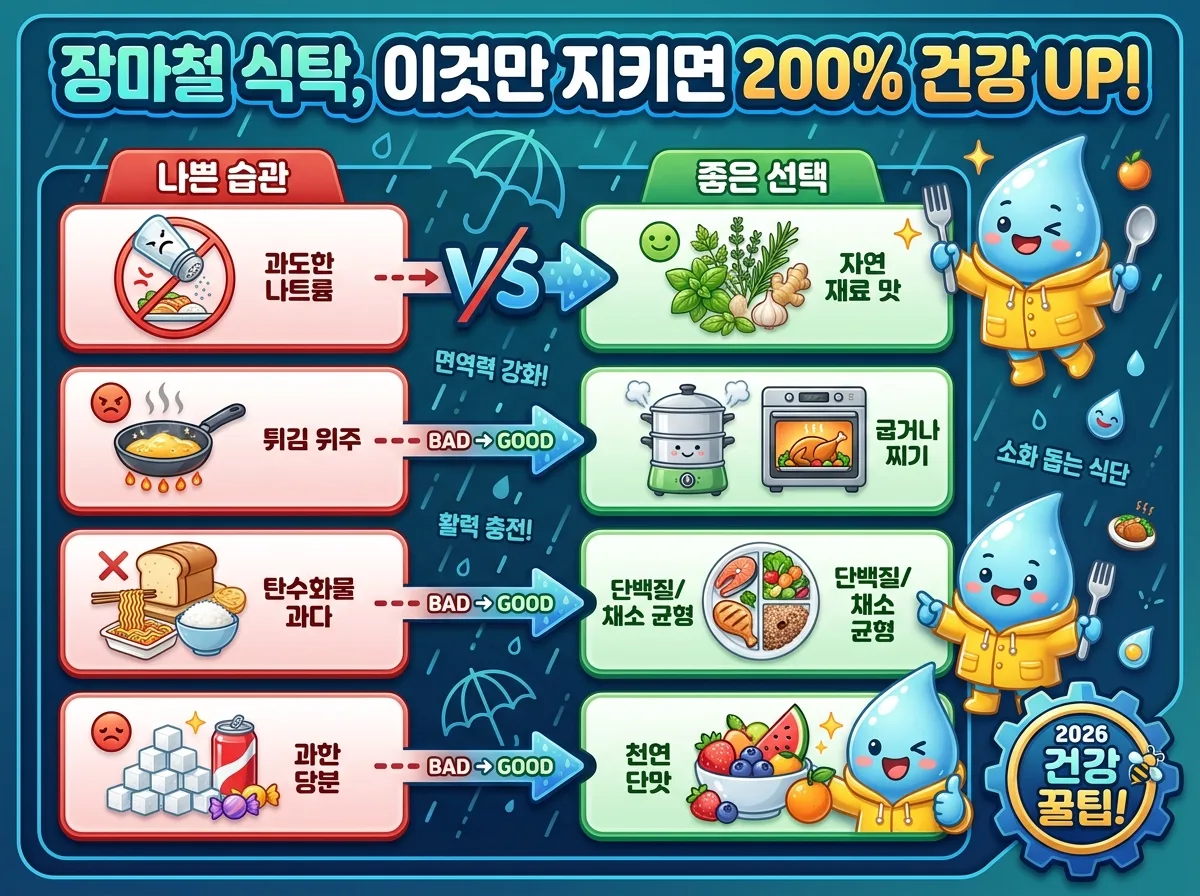 2026년 장마철 건강한 식단을 위한 핵심 수칙을 담은 정보성 인포그래픽 포스터. 나트륨, 튀김, 탄수화물, 당분 과다 섭취를 피하고 자연 재료, 굽기/찌기, 단백질/채소 균형, 천연 단맛을 선택하는 방법을 친근한 캐릭터와 아이콘으로 시각화했습니다.
