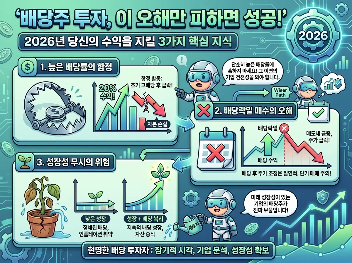 2026년 고배당주와 배당성장주의 투자 전략을 비교하고, 배당 재투자를 통한 복리 효과의 중요성을 시각적으로 설명하는 인포그래픽.