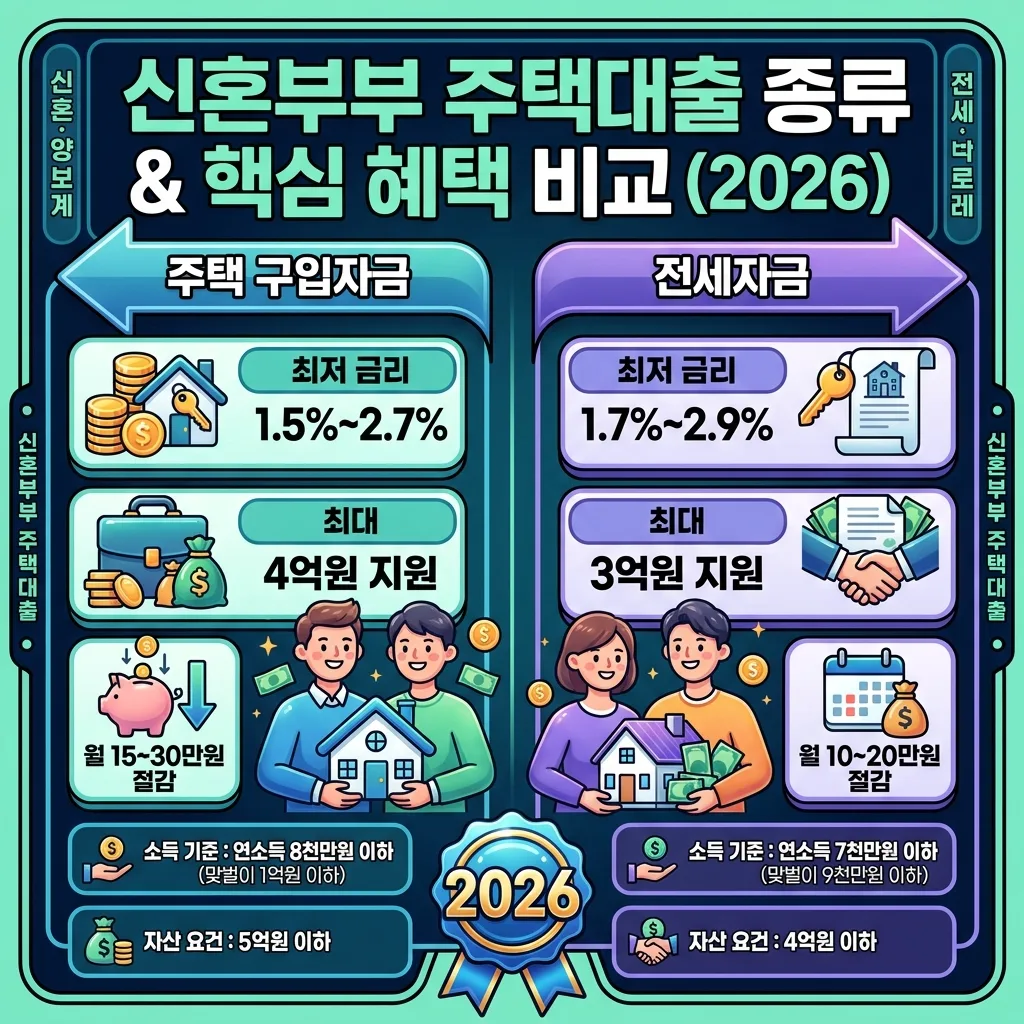 2026년 신혼부부 주택 구입자금과 전세자금 대출의 종류, 최저 금리, 최대 한도 및 절감 혜택을 명확히 비교하는 정보성 포스터. 핵심 기준들을 시각화하여 대출 상품 선택에 도움을 줍니다.