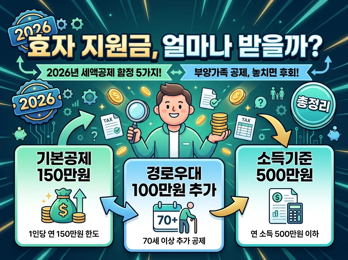 2026년 부양가족 세액공제 혜택과 주의사항을 알려주는 인포그래픽 포스터. '효자 지원금, 얼마나 받을까?'라는 큰 한글 제목 아래, 주요 공제 금액과 소득 기준, 그리고 5가지 함정을 강조하며 정보를 한눈에 보여줍니다.