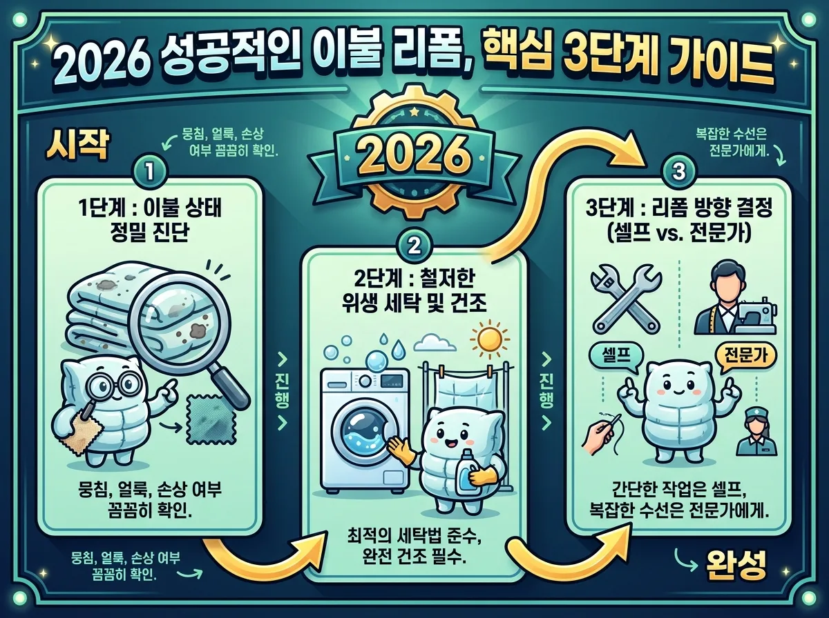 2026년 헌 이불을 성공적으로 리폼하기 위한 핵심 3단계인 상태 진단, 위생 세탁, 리폼 방향 결정을 시각적으로 안내하는 인포그래픽 이미지