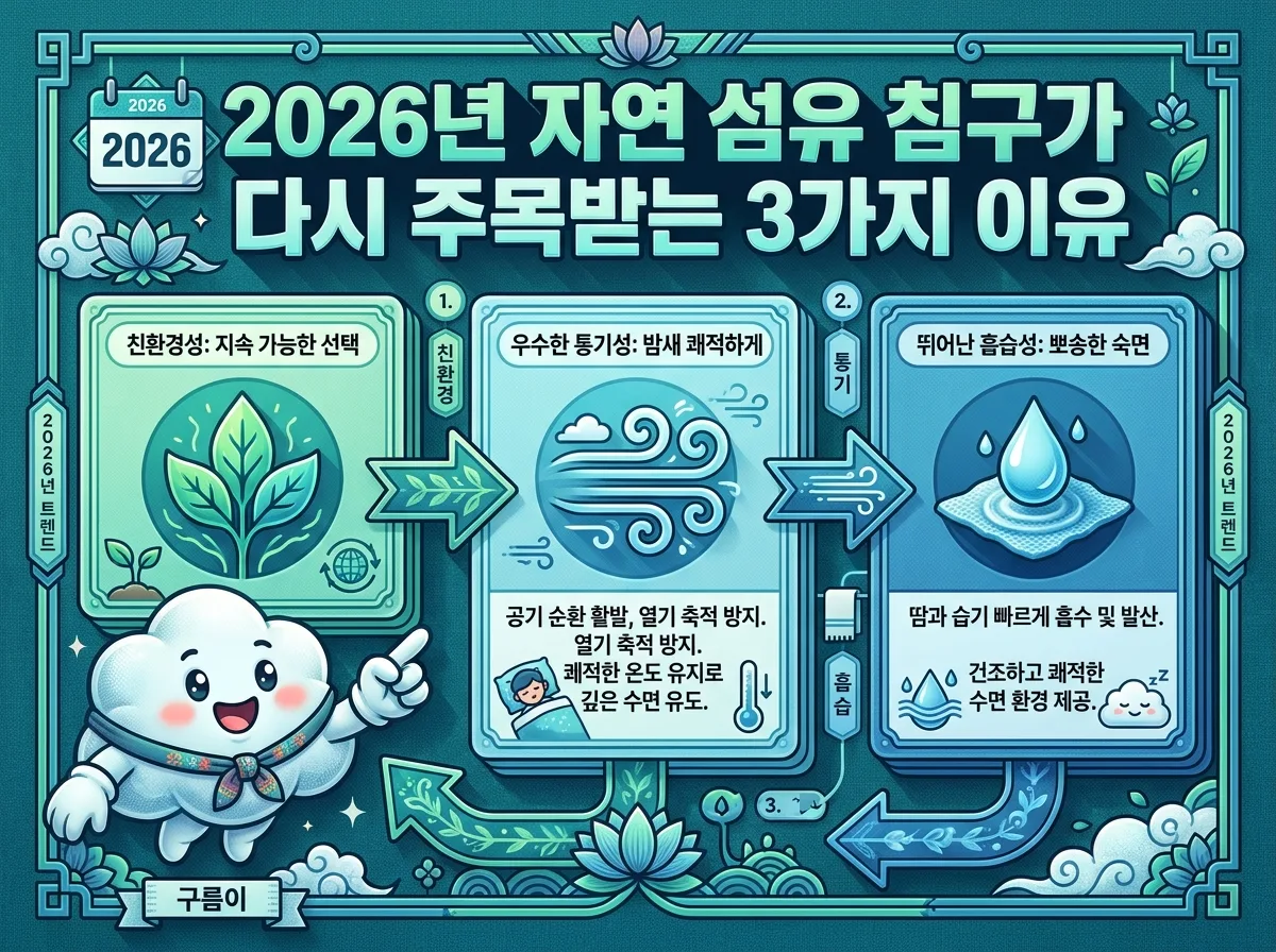 2026년 자연 섬유 침구가 다시 주목받는 핵심 이유 세 가지를 시각적으로 설명하는 인포그래픽. '친환경성', '우수한 통기성', '뛰어난 흡습성'을 각각 아이콘과 간결한 한글 문구로 표현한 정보 카드가 돋보이며, 친근한 캐릭터가 이를 안내하는 모습이다.