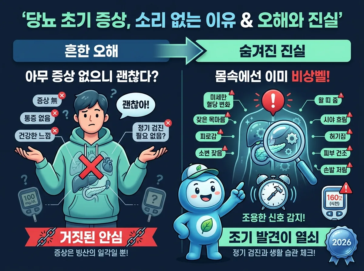 당뇨 초기 증상의 '소리 없는' 특성과 흔한 오해를 바로잡는 인포그래픽 포스터. '당뇨 초기 증상, 소리 없는 이유 & 오해와 진실'이라는 큰 헤더 아래, '흔한 오해: 아무 증상 없으니 괜찮다?'와 '숨겨진 진실: 몸속에선 이미 비상벨!'이 대비됩니다. 내부 장기에 X 표시와 ! 표시 아이콘, 돋보기 아이콘이 사용되어 시각적으로 내용을 전달하며, 친근한 3D 카툰 마스코트가 설명합니다. 2026년 최신 정보임을 나타내는 배지가 포함되어 있습니다.