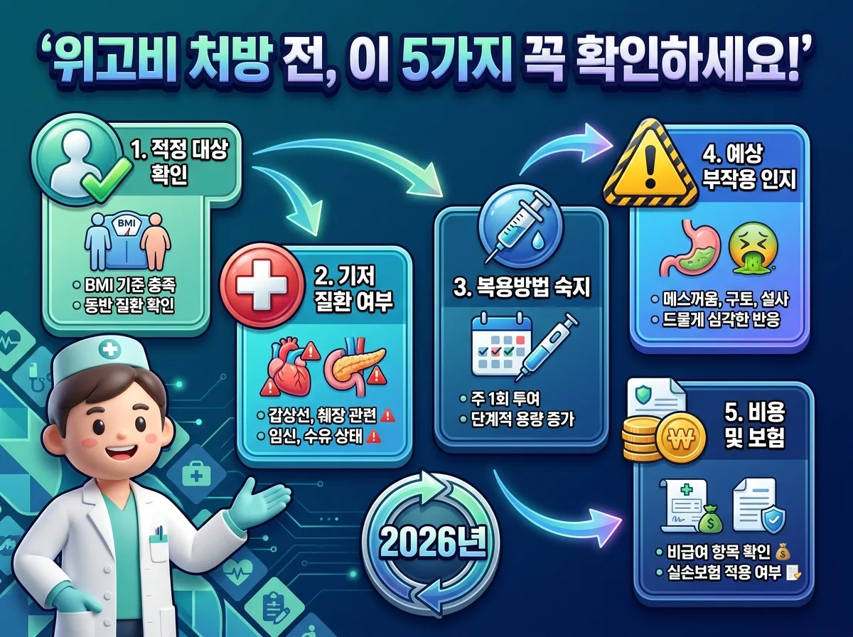 위고비 처방 전 확인해야 할 5가지 필수 체크리스트를 보여주는 상세한 인포그래픽. '위고비 처방 전, 이 5가지 꼭 확인하세요!'라는 큰 제목과 함께, 적정 대상 확인, 기저 질환 여부, 복용 방법 숙지, 예상 부작용 인지, 비용 및 보험에 대한 정보 카드들이 흐름 화살표로 연결되어 있습니다. 친근한 약사 캐릭터가 체크리스트를 설명하고 있으며, '2026' 연도 배지가 표시되어 있습니다.