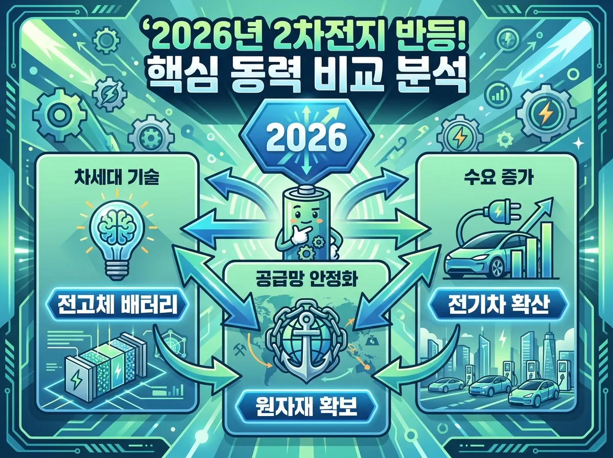 2026년 2차전지 시장 반등을 이끌 핵심 동력인 차세대 기술, 공급망 안정화, 수요 증가를 친근한 3D 캐릭터와 함께 비교 분석하는 정보성 인포그래픽 포스터.
