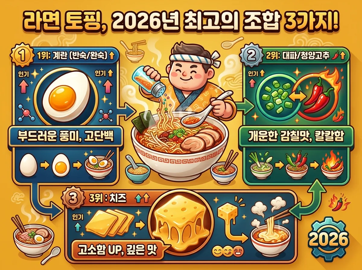 2026년 가장 선호하는 라면 토핑 조합 3가지를 소개하는 인포그래픽. 계란, 대파/청양고추, 치즈 토핑이 라면에 어떤 맛과 풍미를 더하는지 시각적으로 보여주며, 각 토핑의 특징을 친근한 캐릭터와 함께 설명합니다.