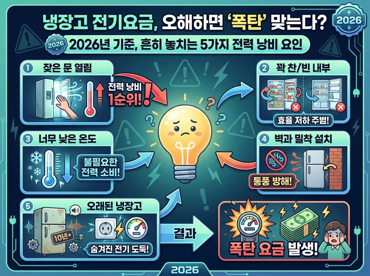2026년 냉장고 전기요금을 절약하기 위한 5가지 실천 팁을 담은 정보성 이미지. '2026 냉장고 전기요금, 똑똑하게 절약하는 5가지 실천 팁!'이라는 큰 제목과 함께, 적정 온도 유지, 문 여는 시간 최소화, 내부 공간 효율적 활용, 주기적 청소, 에너지 효율 1등급 확인 등 구체적인 절약 방법들이 아이콘과 함께 제시됩니다. 자신감 있는 냉장고 캐릭터와 '2026' 배지가 있는 강렬한 인포그래픽 포스터입니다.