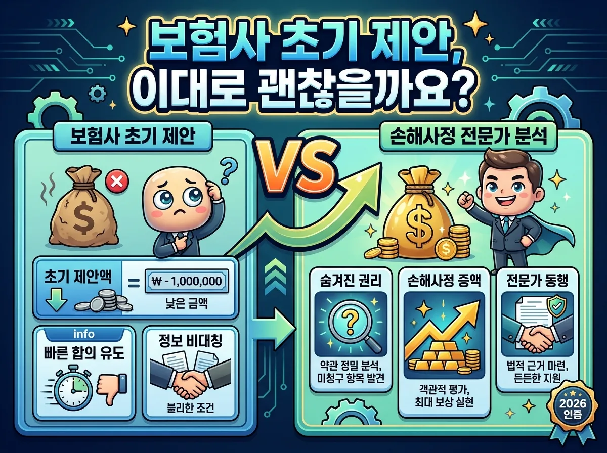 보험사 초기 제안과 손해사정사 분석 금액을 비교하여 손해사정의 필요성을 보여주는 2026년 인포그래픽.