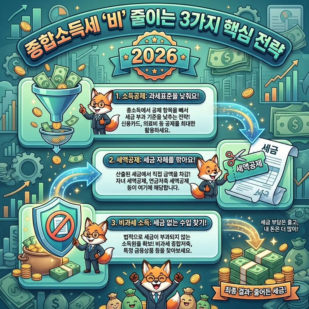 2026년 종합소득세 부담을 줄이는 세 가지 핵심 전략인 소득공제, 세액공제, 비과세 소득을 명확히 설명하는 인포그래픽 포스터. 각 전략의 개념과 효과를 아이콘으로 시각화하여 이해하기 쉽게 제시한다.