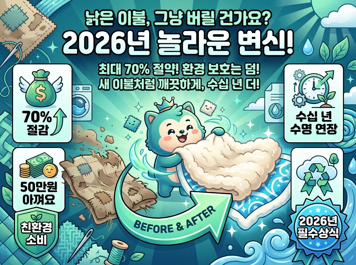 2026년 낡은 이불을 솜틀집에서 새롭게 변신시켜 최대 70% 비용을 절감하고 환경을 보호하는 놀라운 현명한 소비 방법을 알려주는 정보 가득한 인포그래픽 포스터