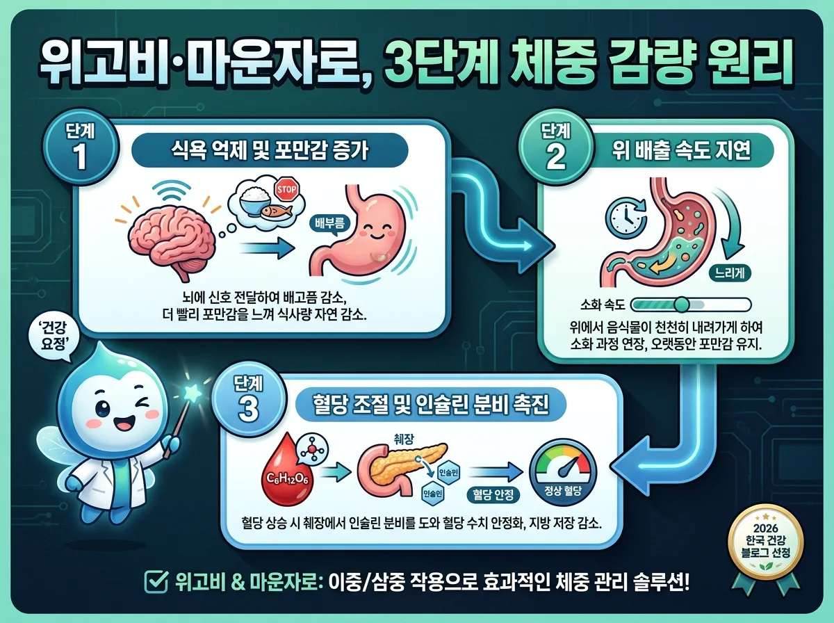 위고비와 마운자로의 핵심 비교와 흔한 오해를 다루는 인포그래픽. 각 약물의 주성분과 주요 적응증을 명확히 비교하고, '마법의 약', '누구나 처방'과 같은 잘못된 인식을 친근한 캐릭터와 아이콘으로 바로잡아 올바른 정보를 제공합니다.