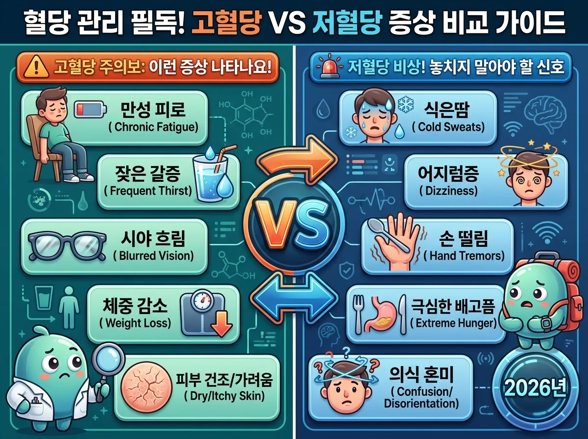 2026년 기준, 고혈당과 저혈당 증상을 시각적으로 비교한 인포그래픽 포스터입니다. 만성피로, 갈증 등 고혈당 증상과 식은땀, 어지럼증 등 저혈당 증상이 각기 다른 구역에 아이콘과 한글 라벨로 명확히 구분되어 있으며, 비교 화살표와 친근한 캐릭터가 포함되어 있습니다.
