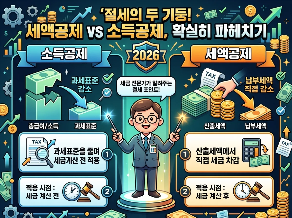 세액공제와 소득공제의 차이점을 명확하게 시각적으로 비교하여 보여주는 인포그래픽. 세금 계산 전후 적용 시점과 효과를 아이콘과 텍스트로 설명한다.