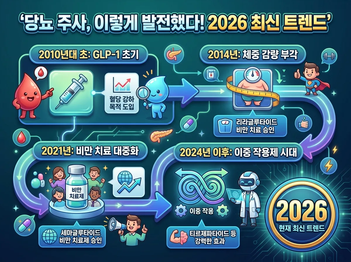 2026년 당뇨 및 체중 감량 주사제를 현명하게 선택하는 3단계 가이드를 시각화한 인포그래픽. 건강 상태 확인, 목표 설정 및 의료진 상담, 장기적인 계획 수립 과정을 안내합니다.