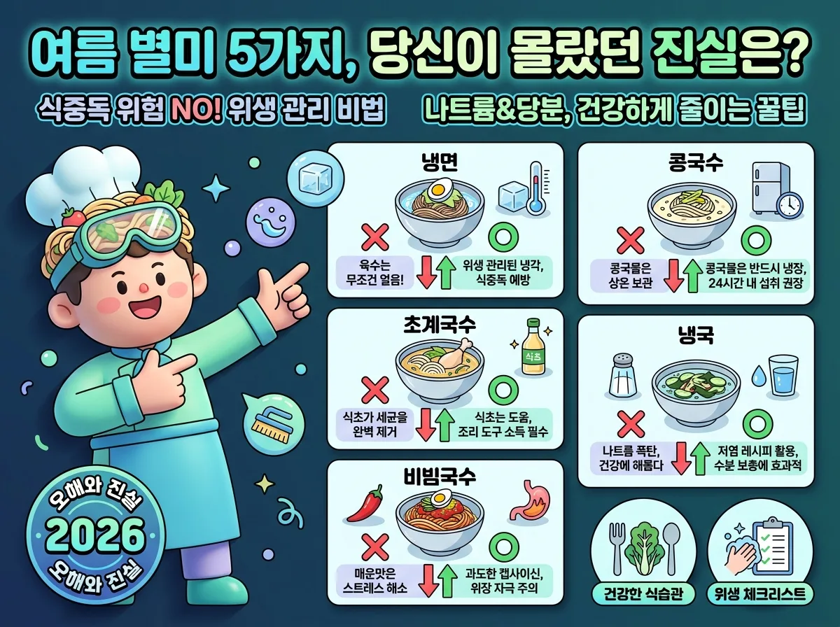 2026년 여름철 식중독 예방을 위한 위생 관리 체크리스트를 시각화한 인포그래픽 포스터입니다. 재료 신선도 확인, 조리 도구 청결, 보관 온도, 빠른 섭취 등 중요한 단계들이 친근한 캐릭터와 아이콘으로 명확하게 제시됩니다.
